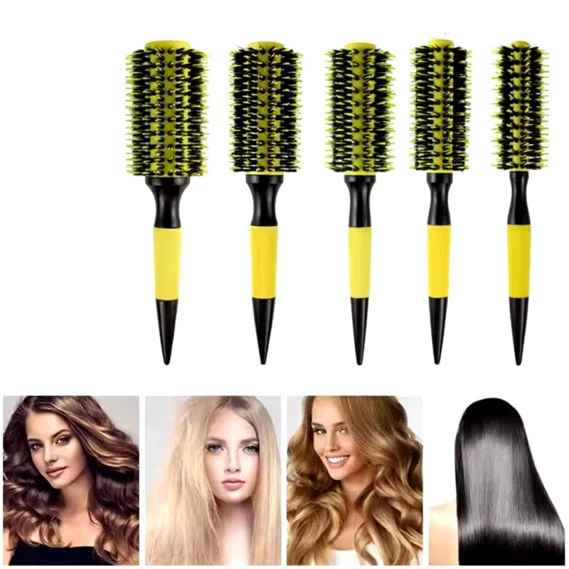 Escova De Cabelo Térmica Amarela Cerdas De Javali Mista Madeira