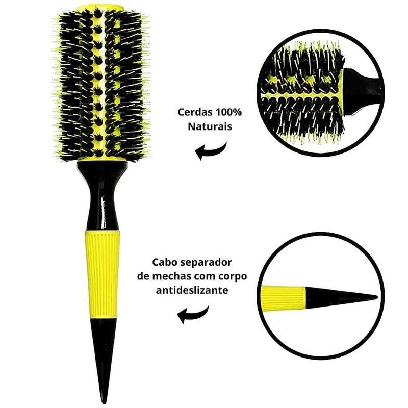 Escova De Cabelo Térmica Amarela Cerdas De Javali Mista Madeira