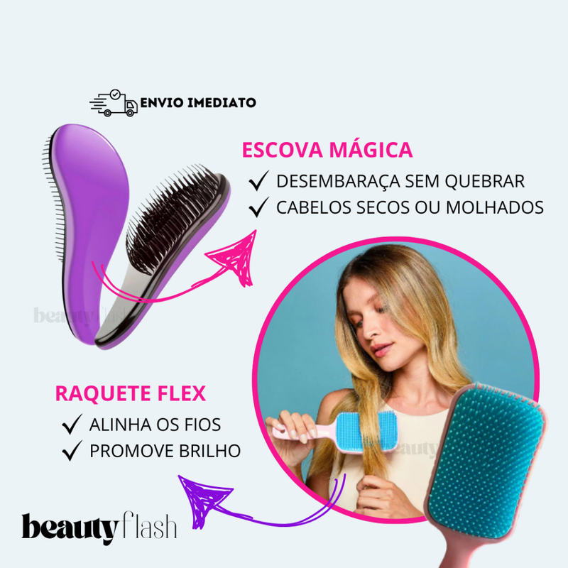 Kit 05 Escova Raquete Flex Escova Mágica e Polvo Massageador de Silicone Touca de Cetim Beauty Flash