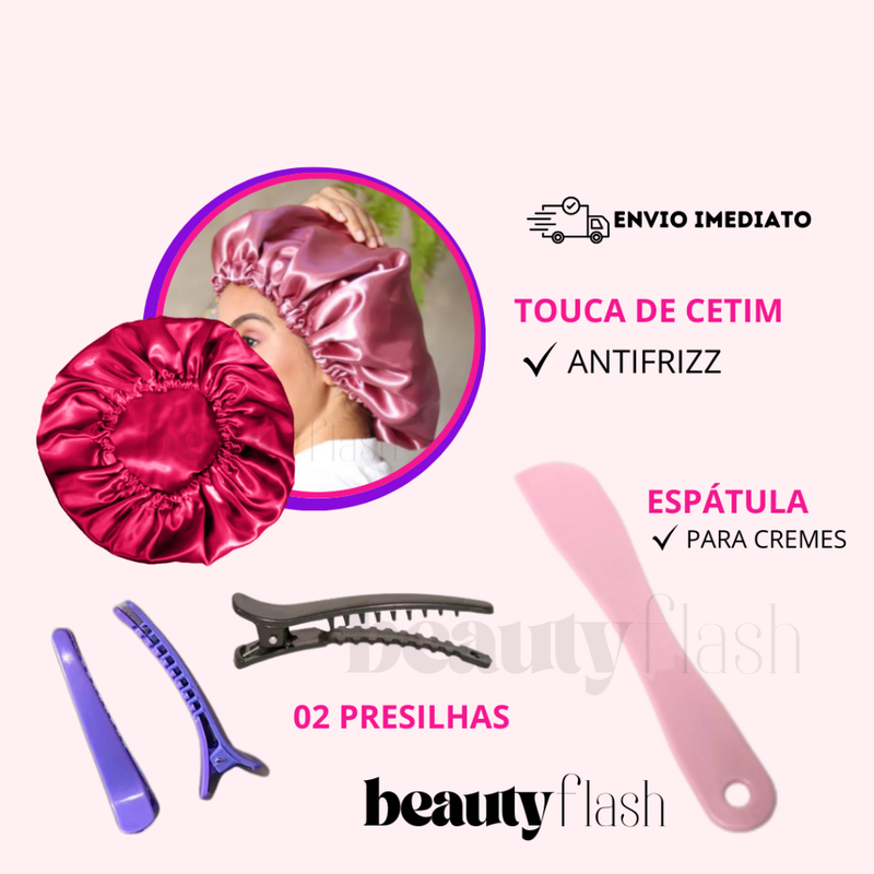 Kit 05 Escova Raquete Flex Escova Mágica e Polvo Massageador de Silicone Touca de Cetim Beauty Flash