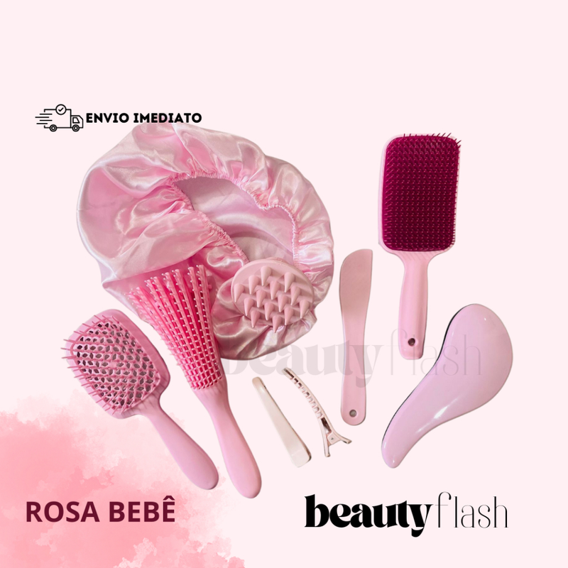 Kit 05 Escova Raquete Flex Escova Mágica e Polvo Massageador de Silicone Touca de Cetim Beauty Flash