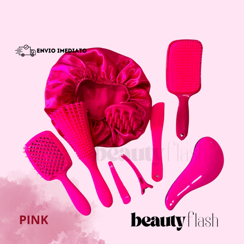 Kit 05 Escova Raquete Flex Escova Mágica e Polvo Massageador de Silicone Touca de Cetim Beauty Flash