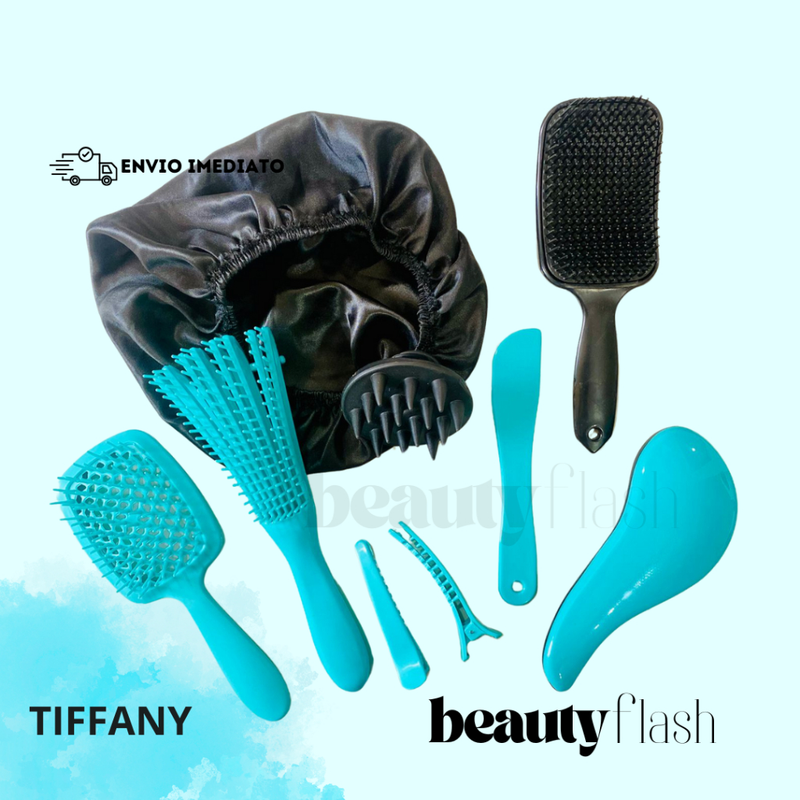 Kit 05 Escova Raquete Flex Escova Mágica e Polvo Massageador de Silicone Touca de Cetim Beauty Flash