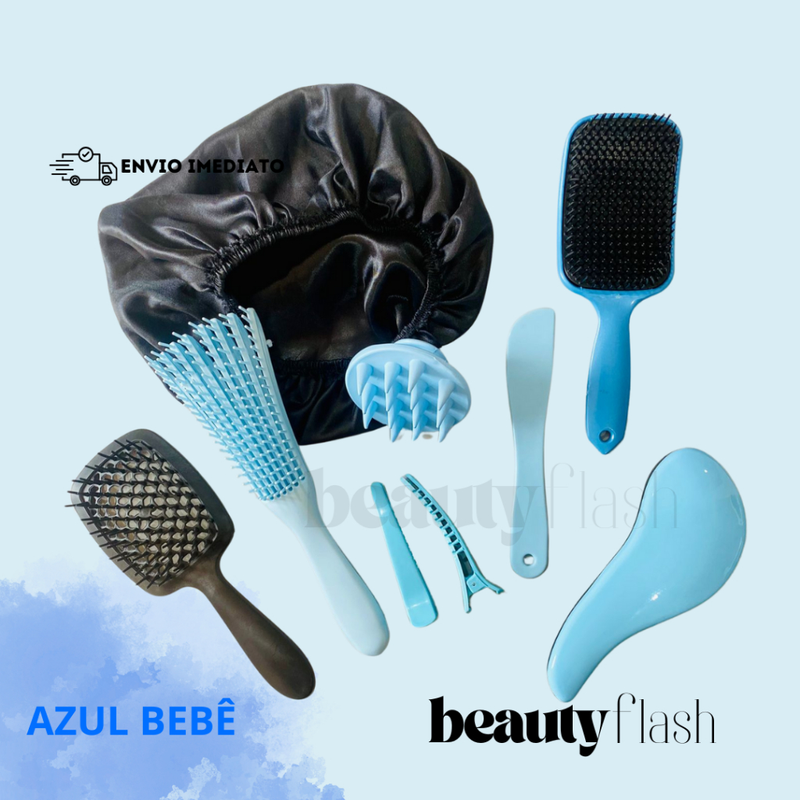 Kit 05 Escova Raquete Flex Escova Mágica e Polvo Massageador de Silicone Touca de Cetim Beauty Flash