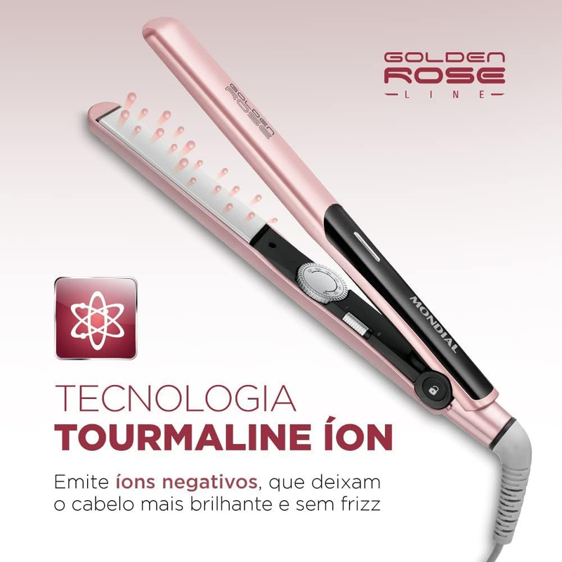 Chapinha Prancha Alisadora Mondial P-20 Golden Rose Bivolt Cabo Giratório Rosa