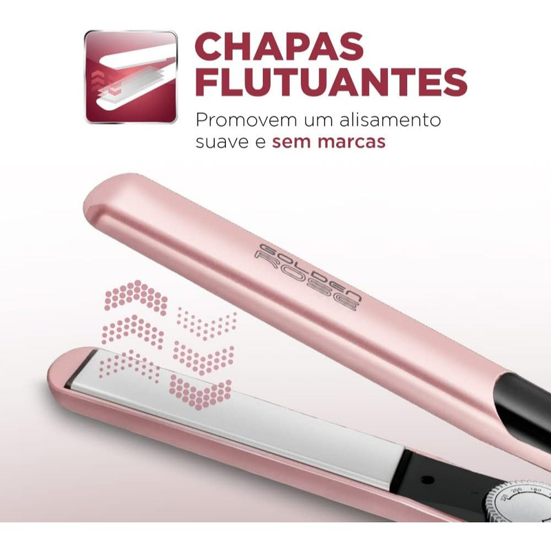 Chapinha Prancha Alisadora Mondial P-20 Golden Rose Bivolt Cabo Giratório Rosa