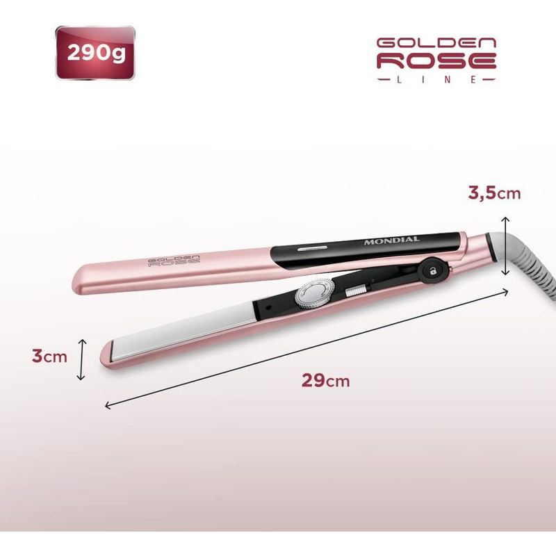 Chapinha Prancha Alisadora Mondial P-20 Golden Rose Bivolt Cabo Giratório Rosa