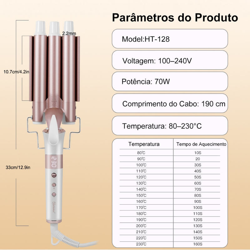 Modelador De Cachos Triondas Aquecimento Rápido em Segundo Tela LED 230 °C 22cm de diâmetro Bivolt Hatteker HT-128