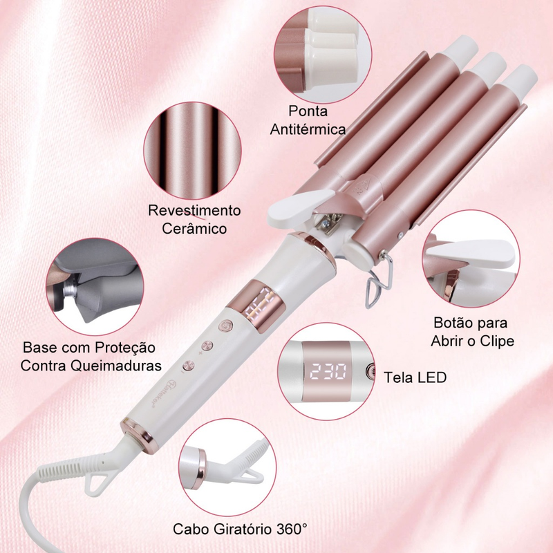 Modelador De Cachos Triondas Aquecimento Rápido em Segundo Tela LED 230 °C 22cm de diâmetro Bivolt Hatteker HT-128