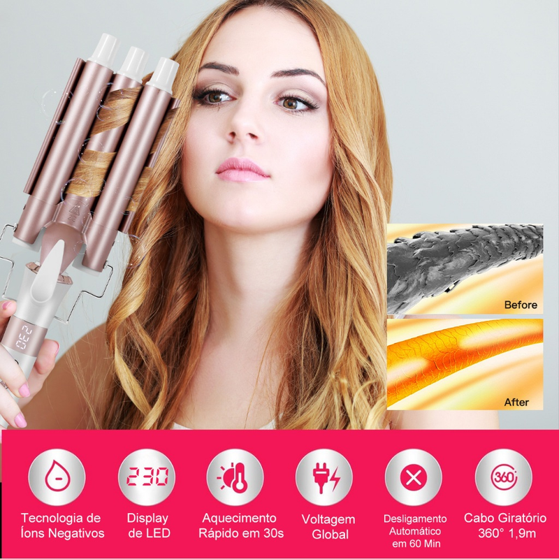 Modelador De Cachos Triondas Aquecimento Rápido em Segundo Tela LED 230 °C 22cm de diâmetro Bivolt Hatteker HT-128