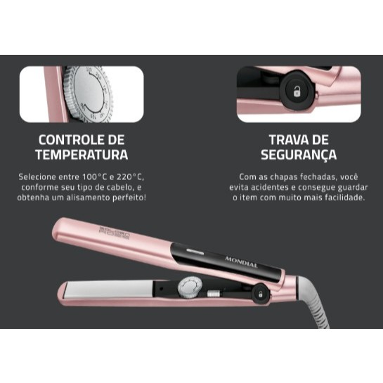 Chapinha Prancha Alisadora Mondial P-20 Golden Rose Bivolt Cabo Giratório Rosa