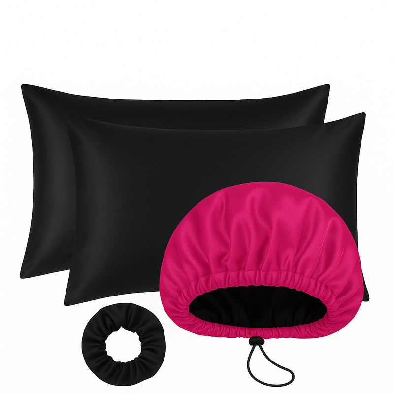 Kit Cetim Antifrizz 2 Fronhas 70x50+Touca Dupla Face Regulável+Scrunchie Elástico para Cabelo Cacheado e Liso