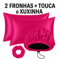 Kit Cetim Antifrizz 2 Fronhas 70x50+Touca Dupla Face Regulável+Scrunchie Elástico para Cabelo Cacheado e Liso