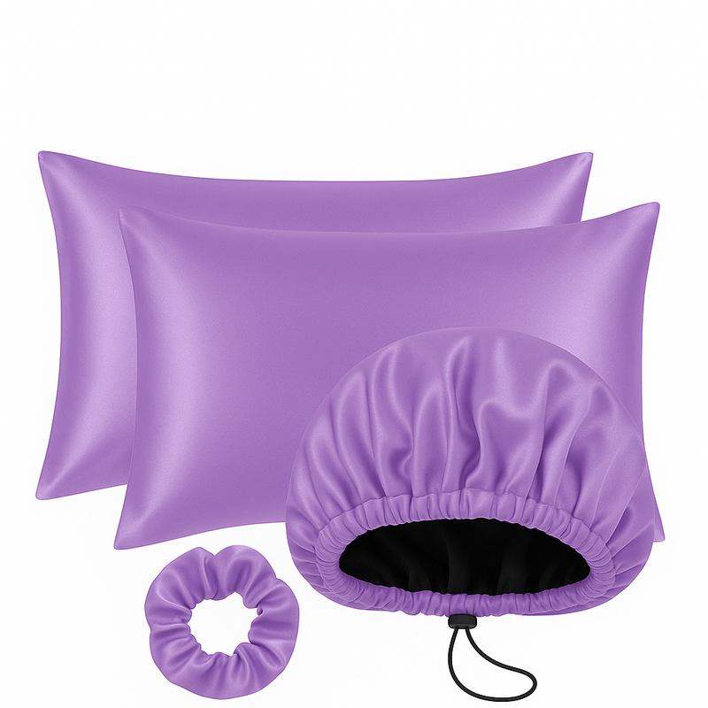 Kit Cetim Antifrizz 2 Fronhas 70x50+Touca Dupla Face Regulável+Scrunchie Elástico para Cabelo Cacheado e Liso