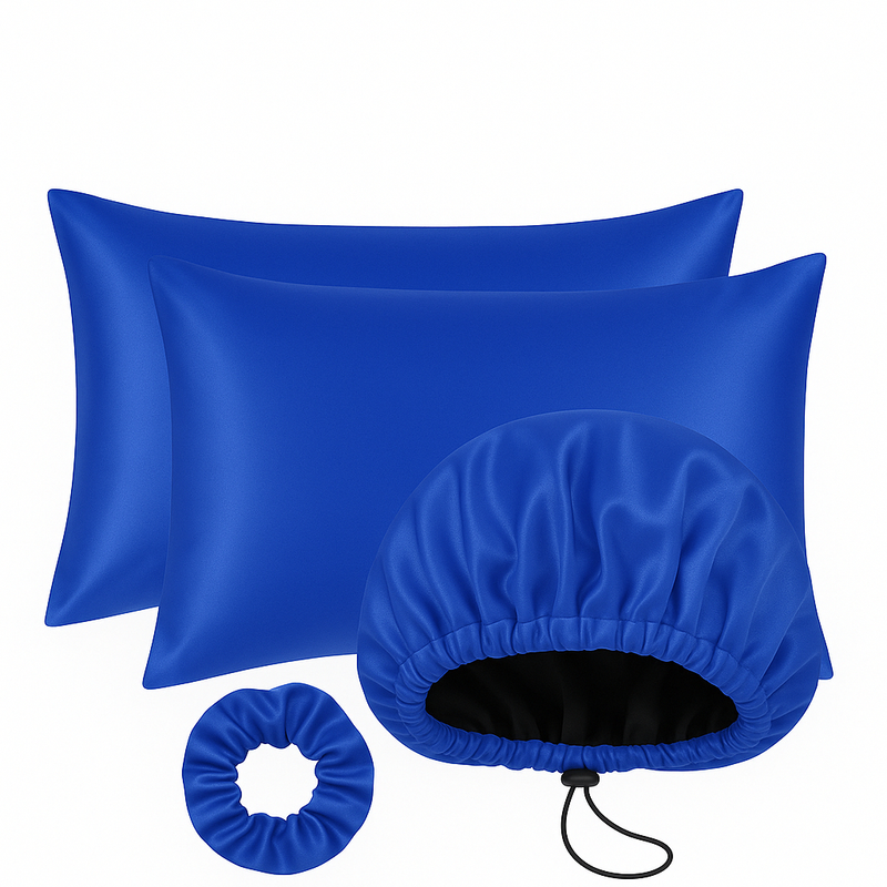 Kit Cetim Antifrizz 2 Fronhas 70x50+Touca Dupla Face Regulável+Scrunchie Elástico para Cabelo Cacheado e Liso