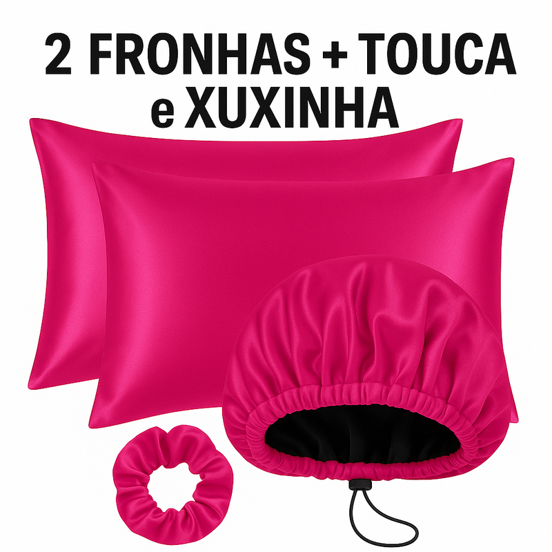 Kit Cetim Antifrizz 2 Fronhas 70x50+Touca Dupla Face Regulável+Scrunchie Elástico para Cabelo Cacheado e Liso