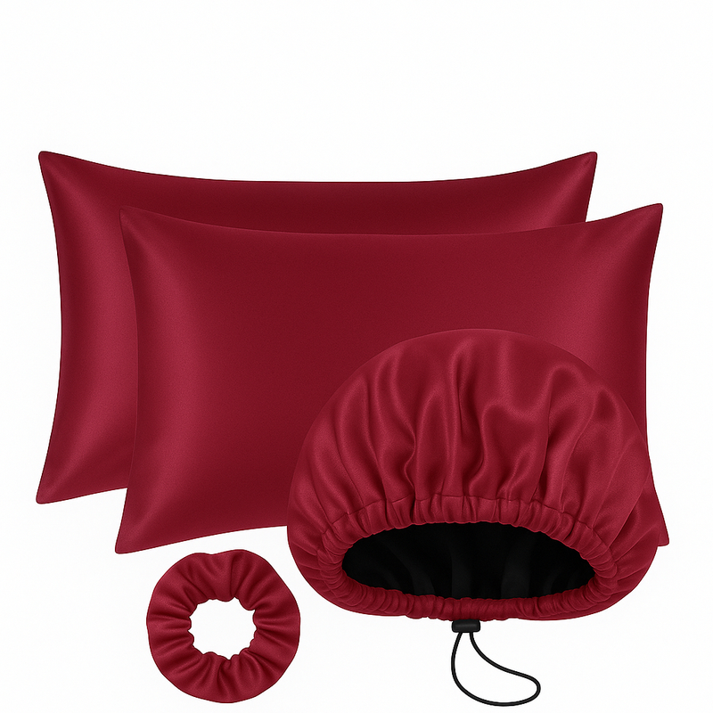 Kit Cetim Antifrizz 2 Fronhas 70x50+Touca Dupla Face Regulável+Scrunchie Elástico para Cabelo Cacheado e Liso