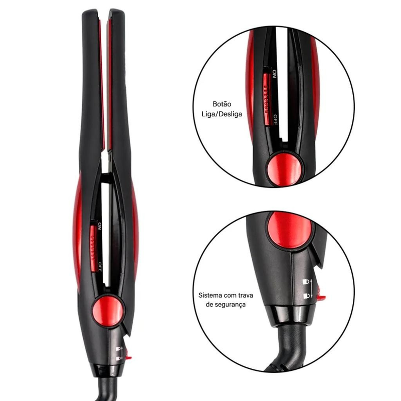 Prancha de Cabelo Alisadora Chapinha Bivolt 110/220V Preta e Vermelha Útil Eletro 32W Liso Intenso Cabo Grande