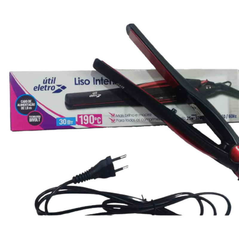 Prancha de Cabelo Alisadora Chapinha Bivolt 110/220V Preta e Vermelha Útil Eletro 32W Liso Intenso Cabo Grande
