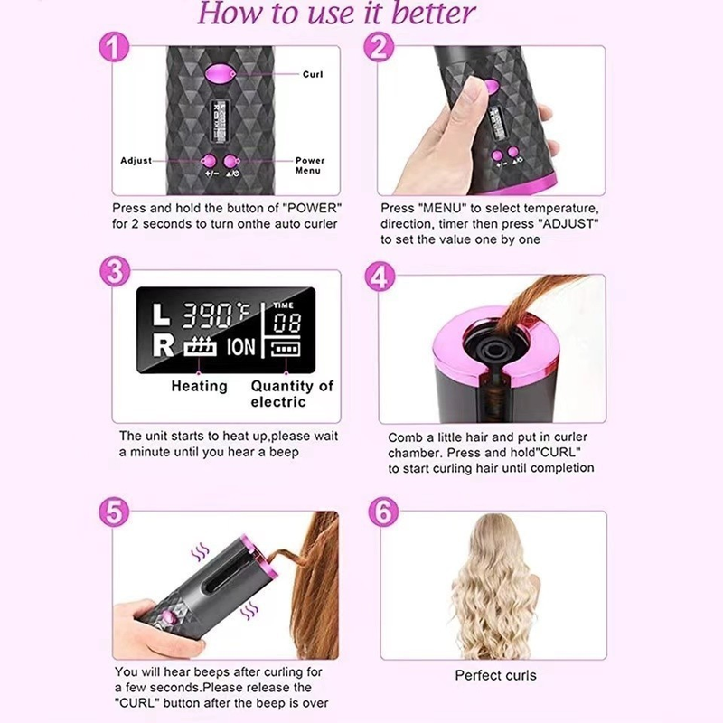 Modelador de cabelo automático sem fio com bateria recarregável de cerâmica embutida marisa