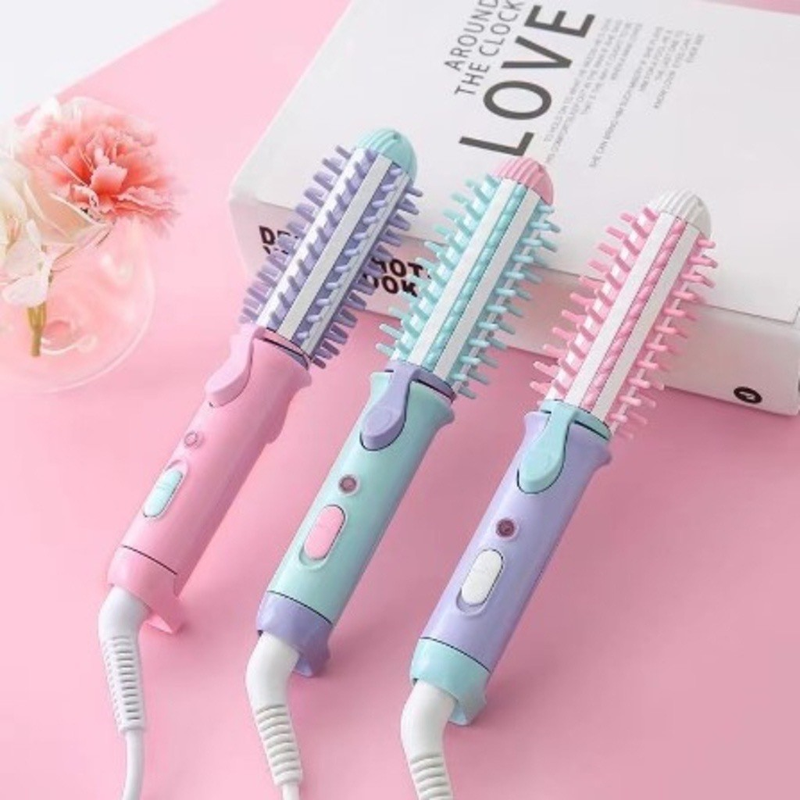 Mini Escova enrola cabelo chapinha bivolt portátil alisadora 2em1