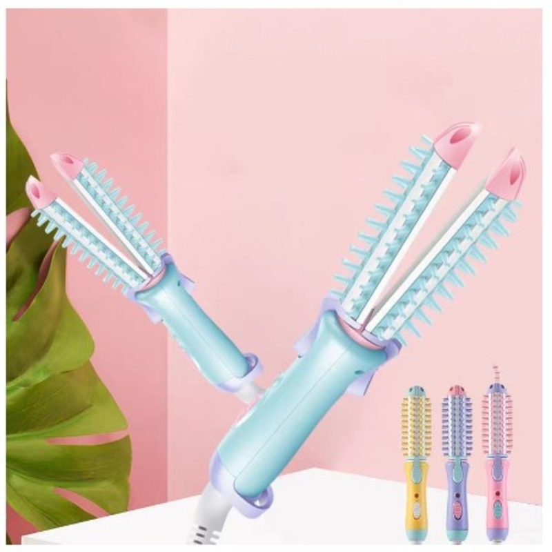 Mini Escova enrola cabelo chapinha bivolt portátil alisadora 2em1