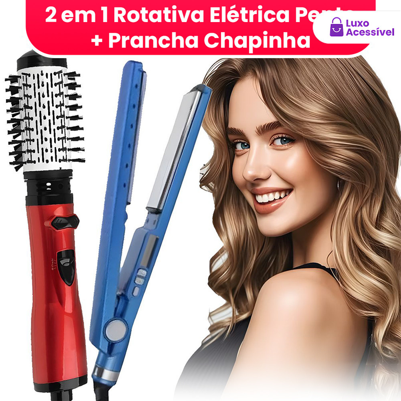 Kit 2 em 1 Escova Secadora Rotativa 110v + Chapinha Profissional Bivolt Titanium